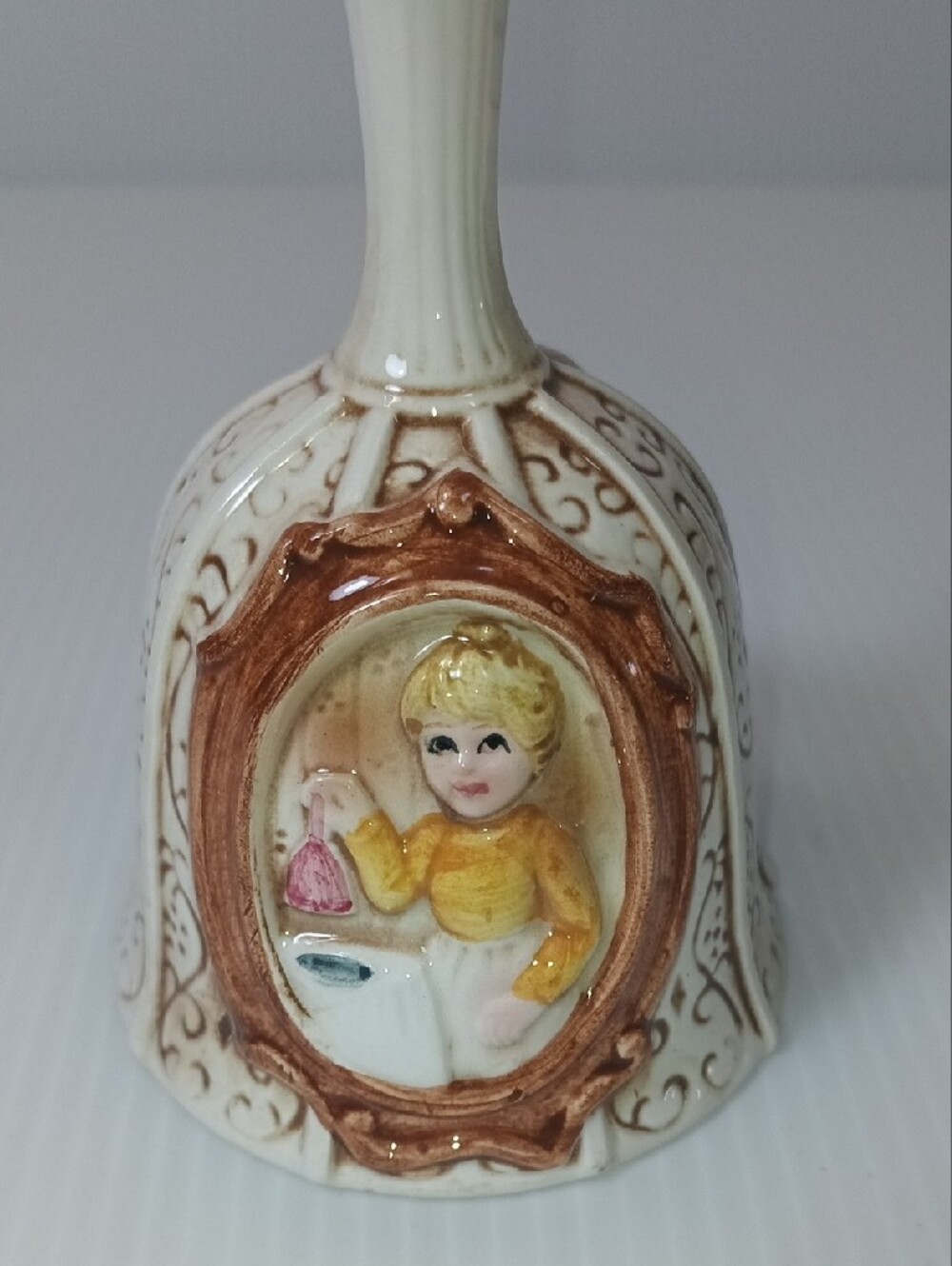 Vintage Porcelain Bell with Pioneer Woman w/ a Bell Ornate Pattern 4 5/8" Tall - Picture 3 of 10